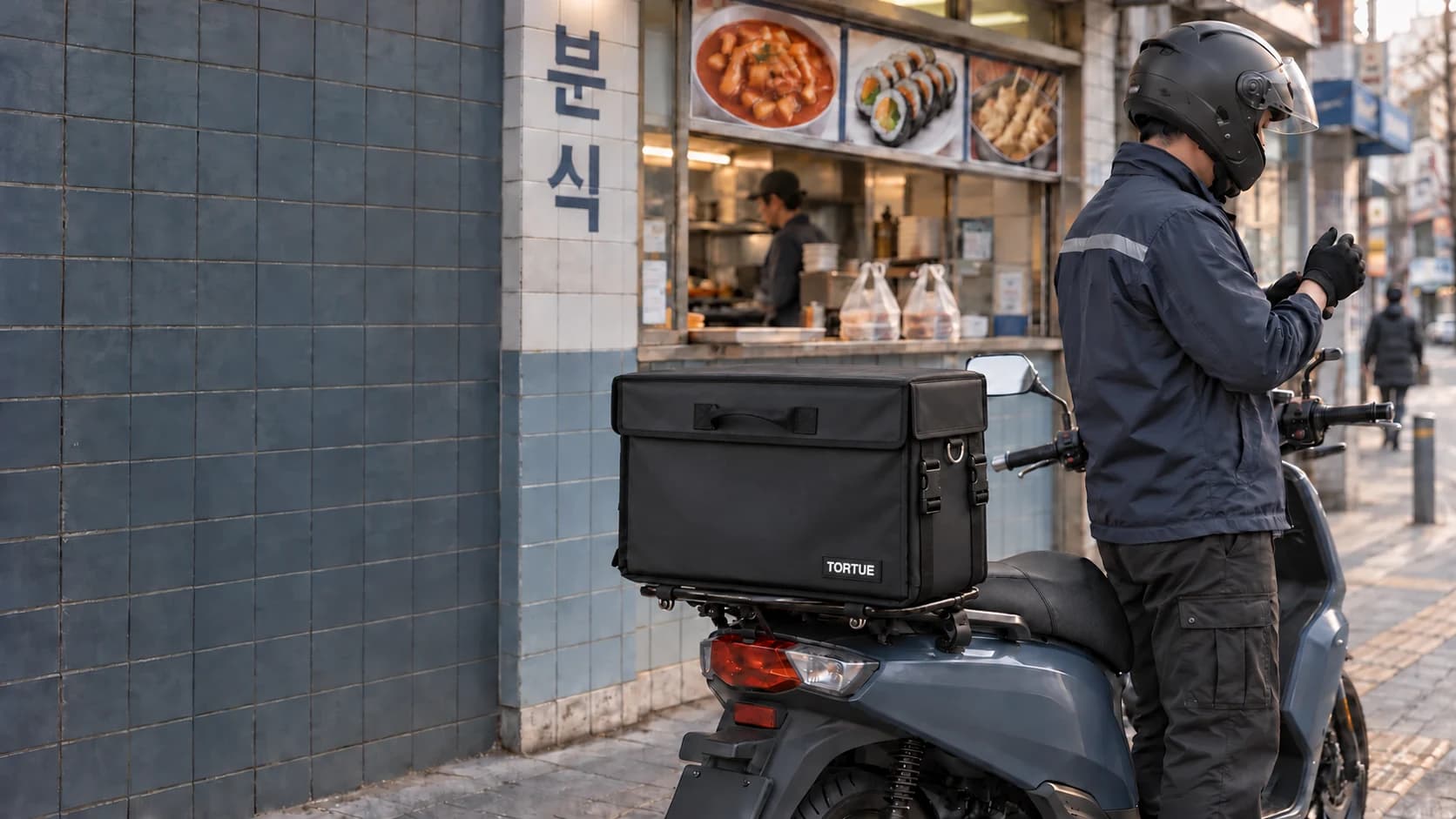 분식집 앞에서 배달을 준비하는 라이더와 48L 배달가방 AI 연출 이미지